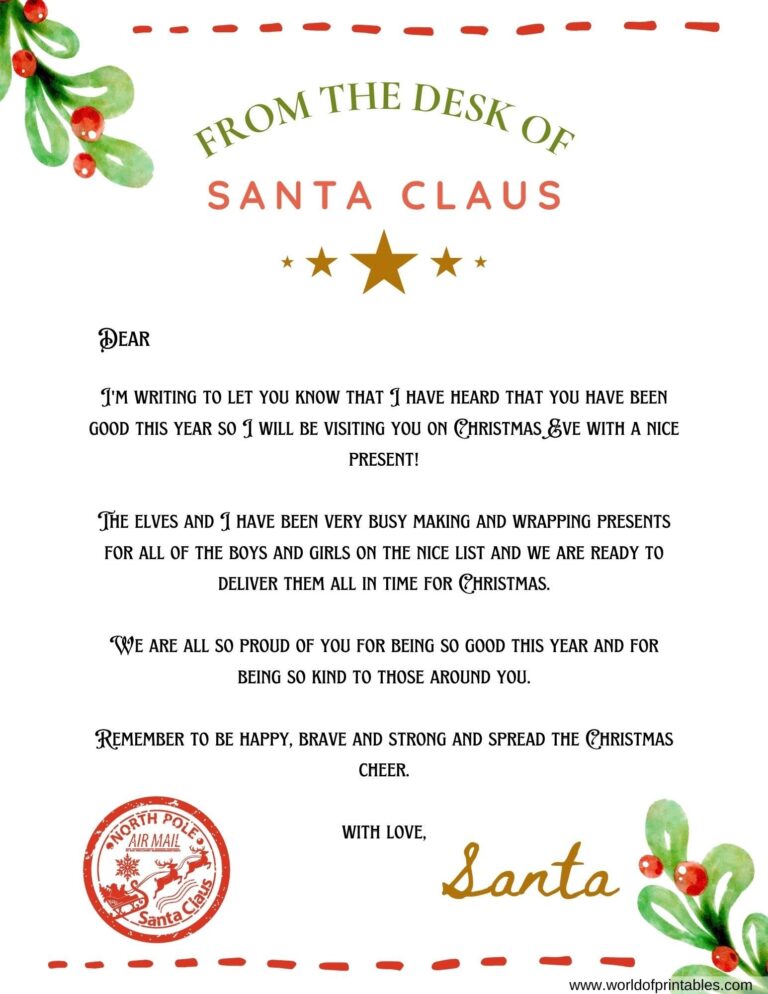 10 Best Free Letter From Santa Templates World Of Printables Worksheets Library