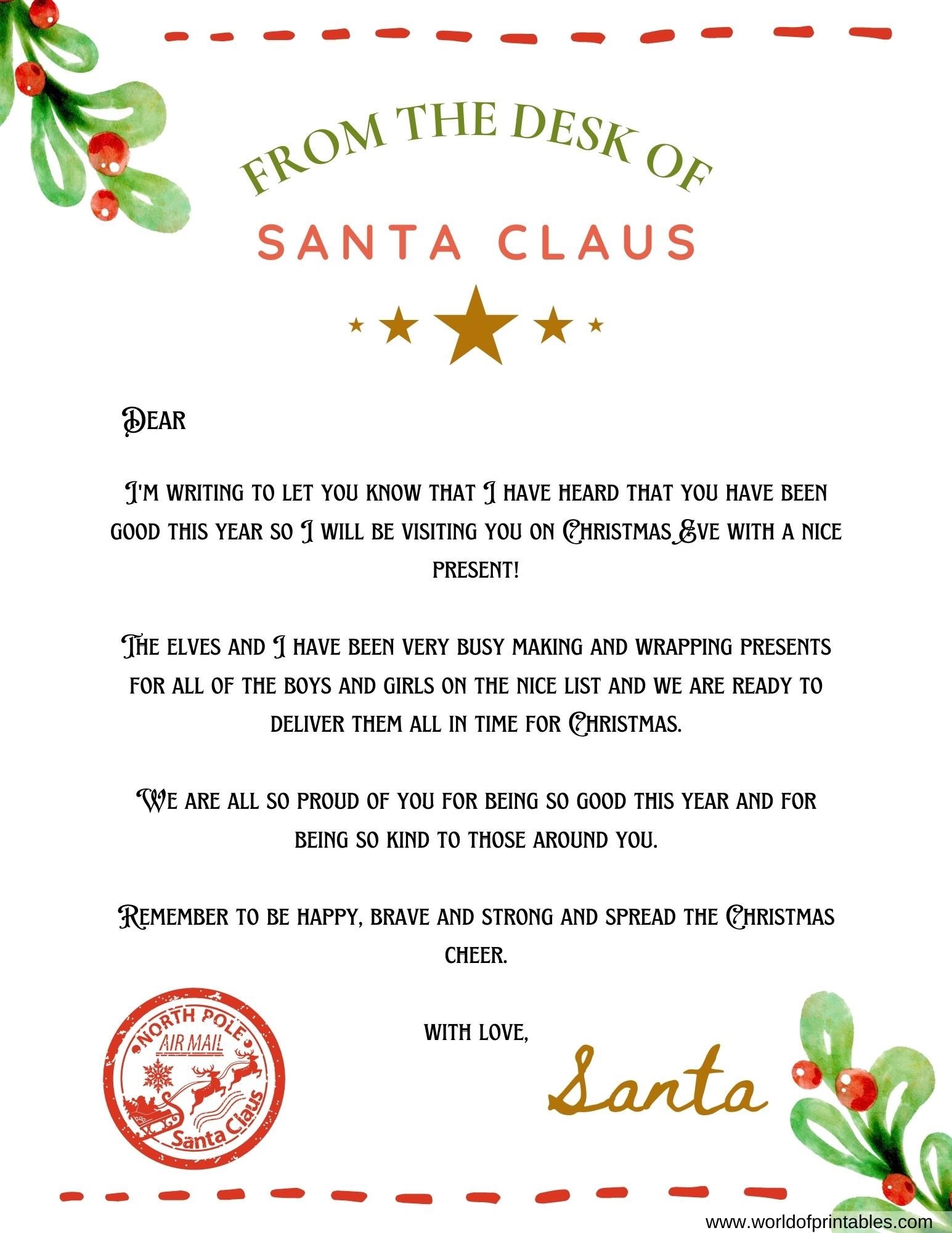10 Best Free Letter From Santa Templates World Of Printables Worksheets Library