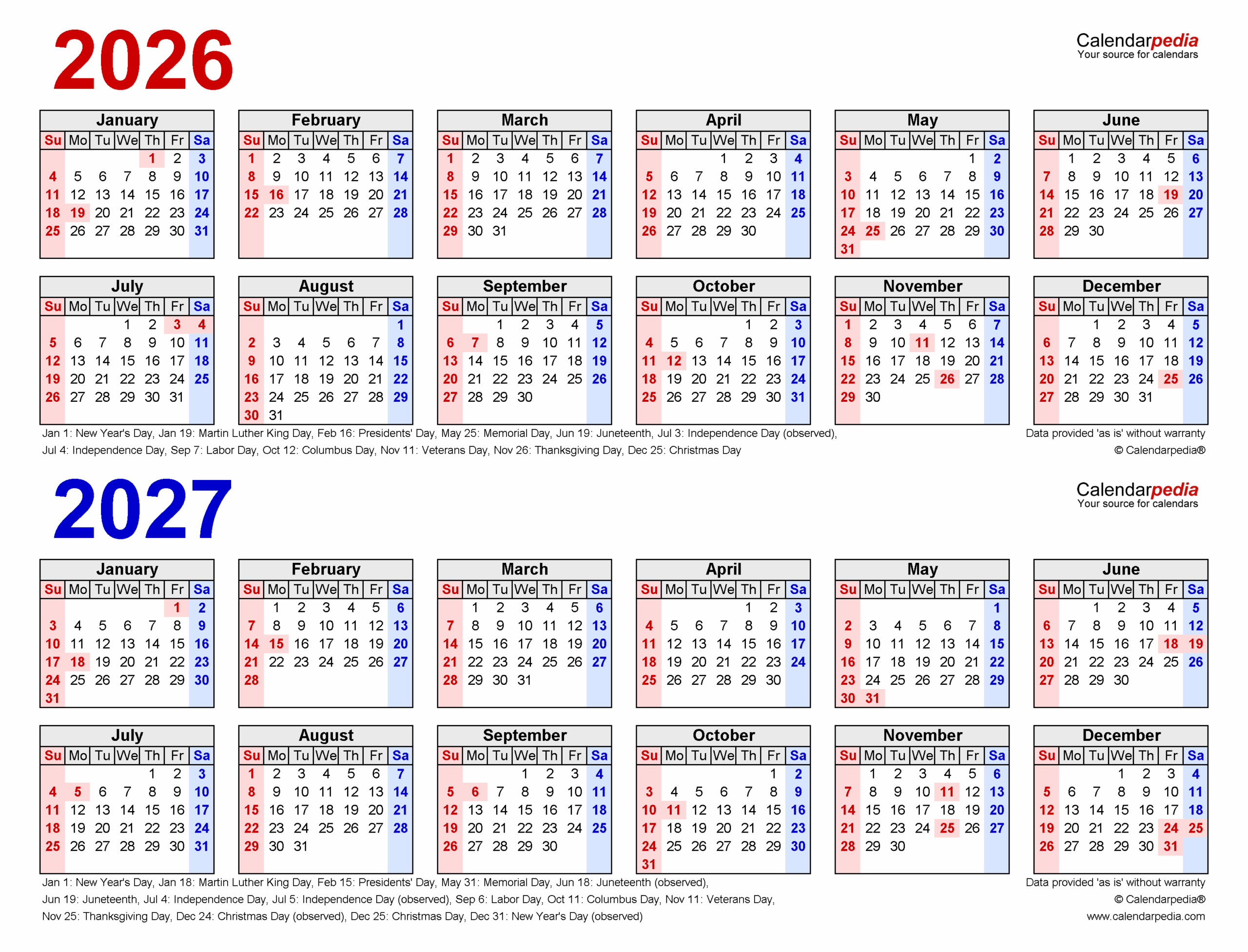 2026 2027 Two Year Calendar Free Printable Excel Templates