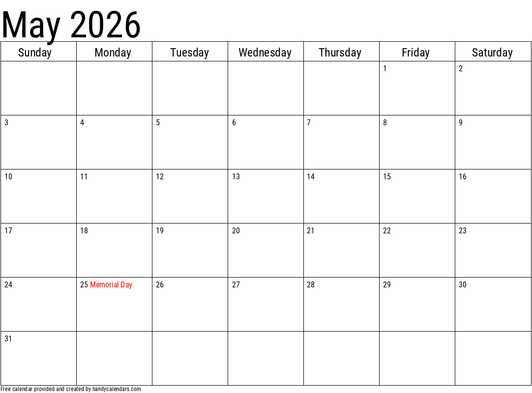 May Weather Calendar 2026