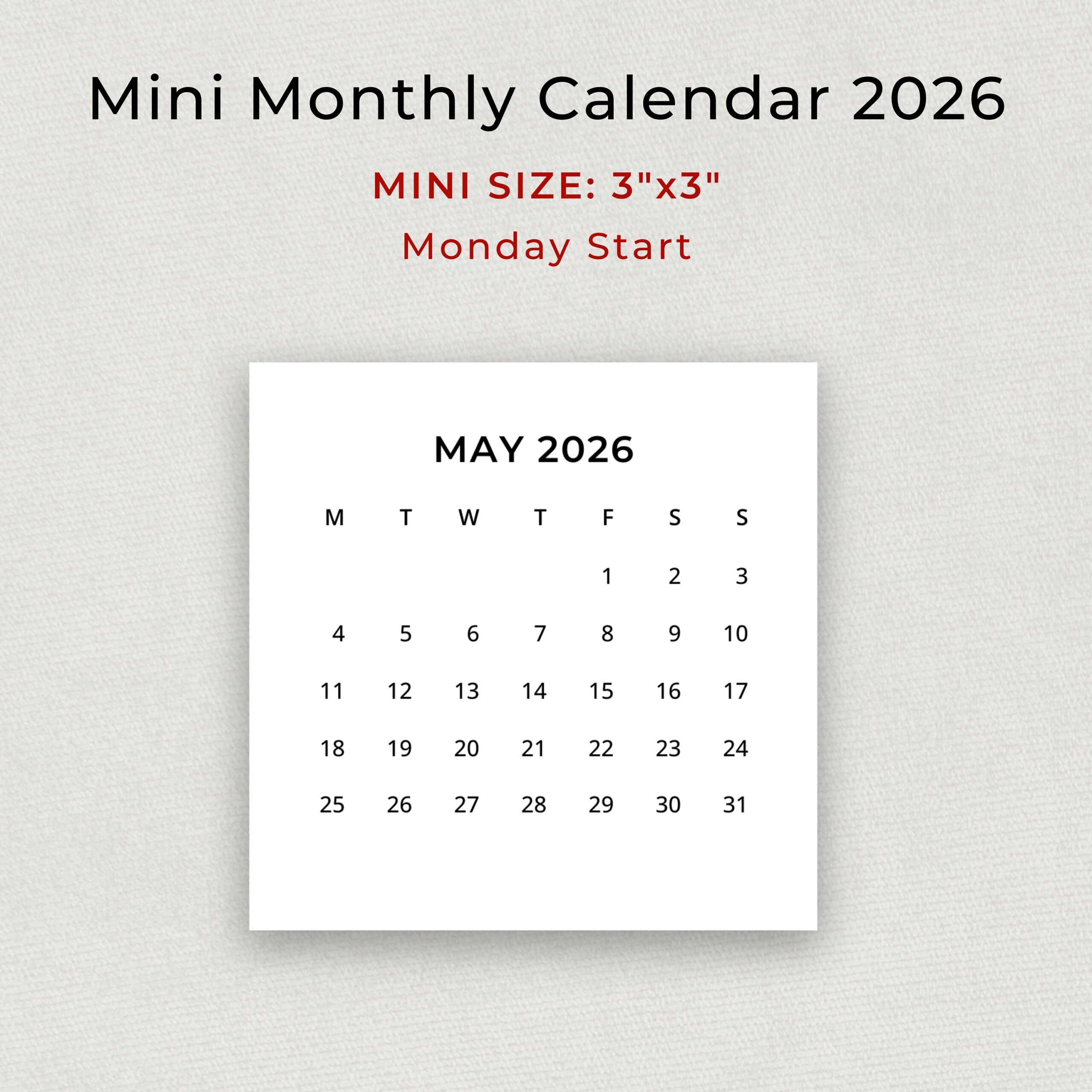 2026 Mini Calendar 2026 Small Calendar Printable 2026 Minimalist Calendar 3x3 Inch Square Calendar 2026 Pocket Calendar Desk Calendar DIY Etsy UK