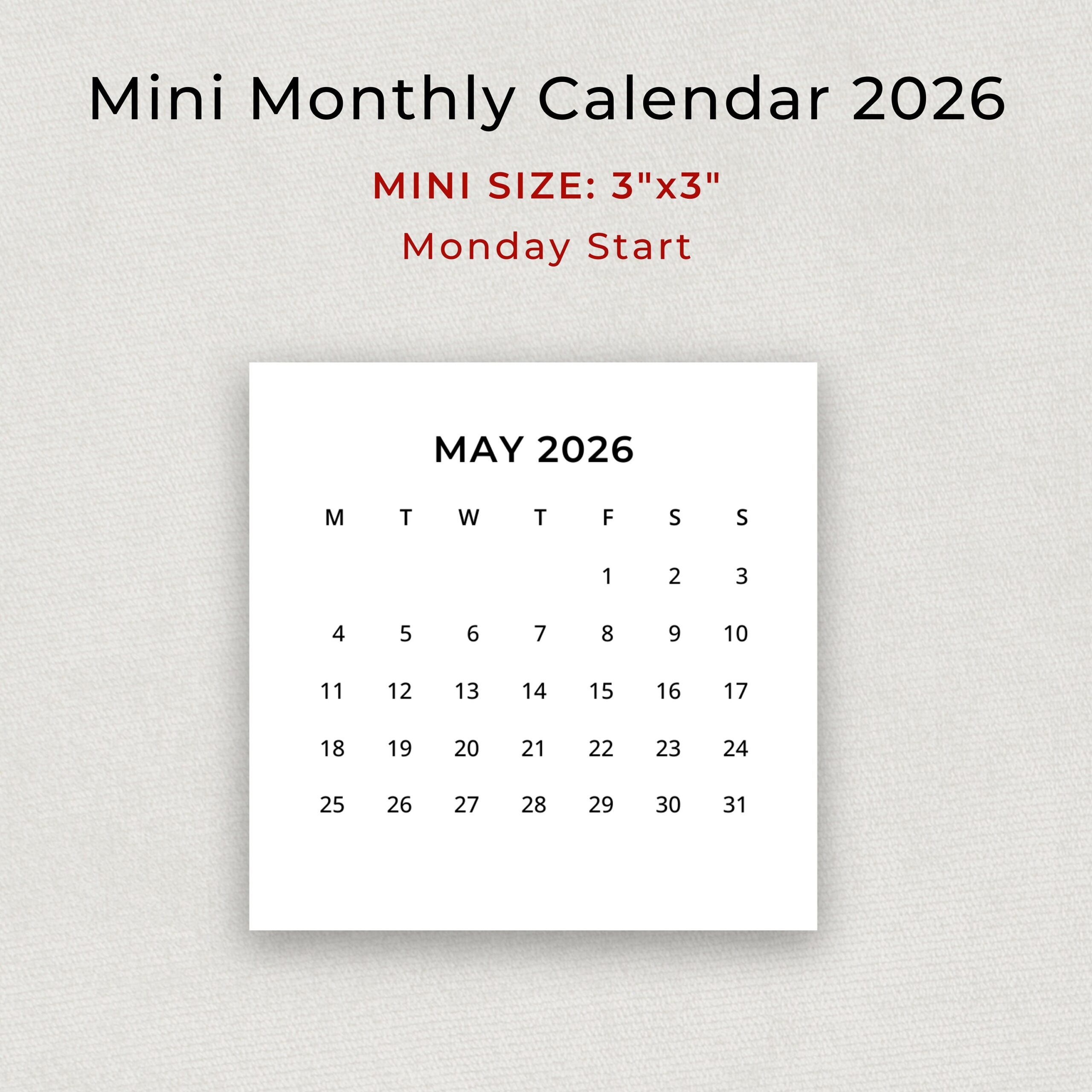 2026 Mini Calendar 2026 Small Calendar Printable 2026 Minimalist 
