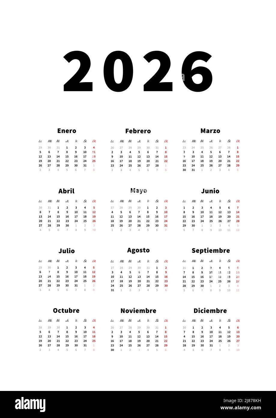 2026 Year Simple Vertical Calendar In Spanish Language Typographic Calendar Isolated On White Stock Vector Image U0026 Art Alamy