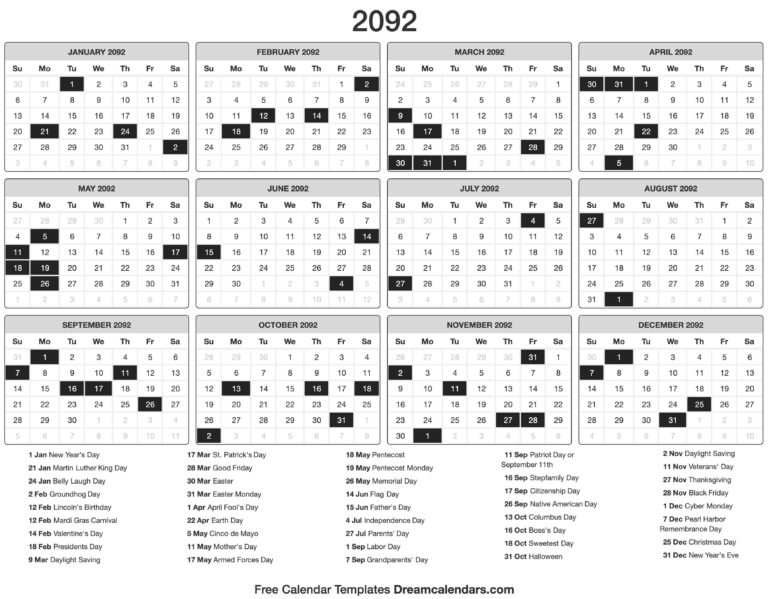 2092 Calendar