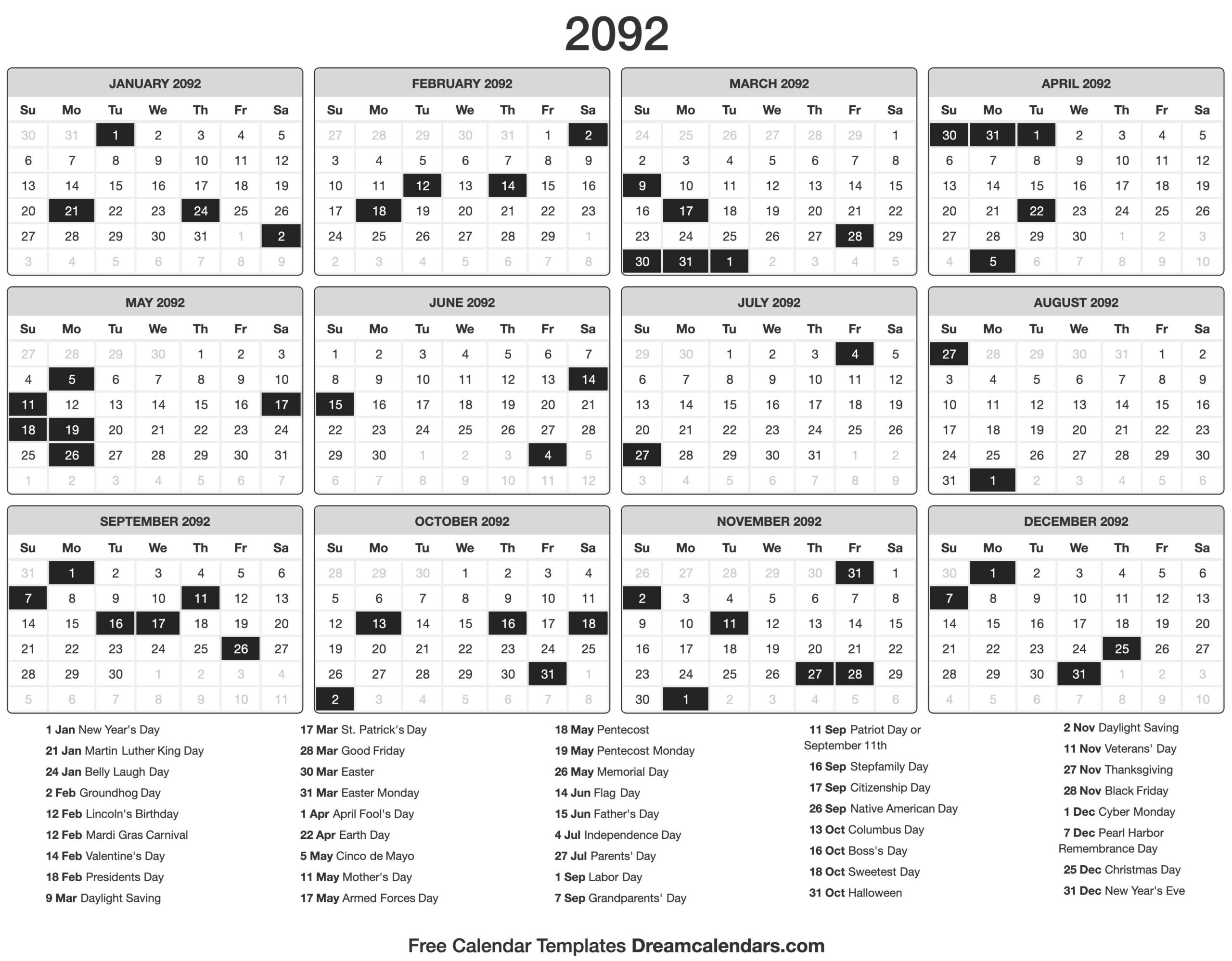 2092 Calendar
