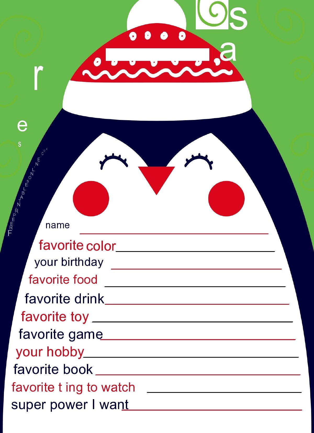 Secret Santa Questionnaire Free Printable