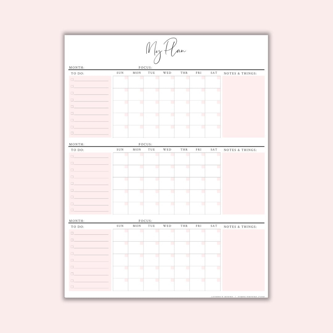 3 Month Calendar 3 Month Printable Calendar 90 Day Plan Instant 