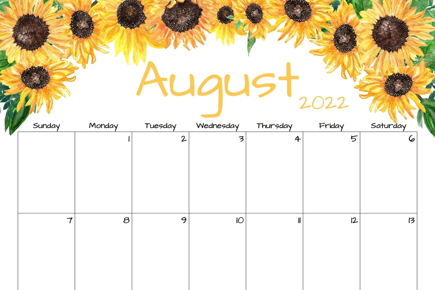 Free Printable August Calendar