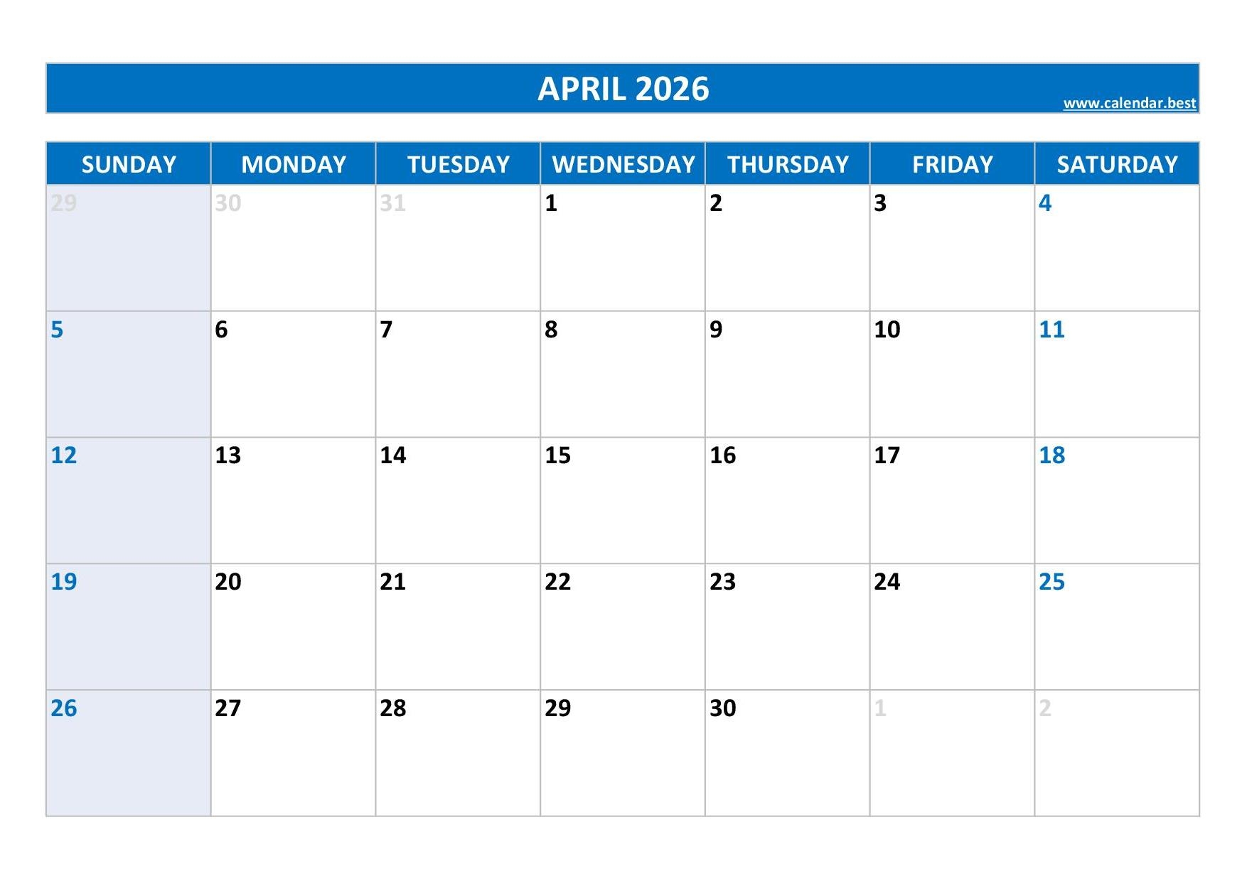 April May 2026 Calendar Excel