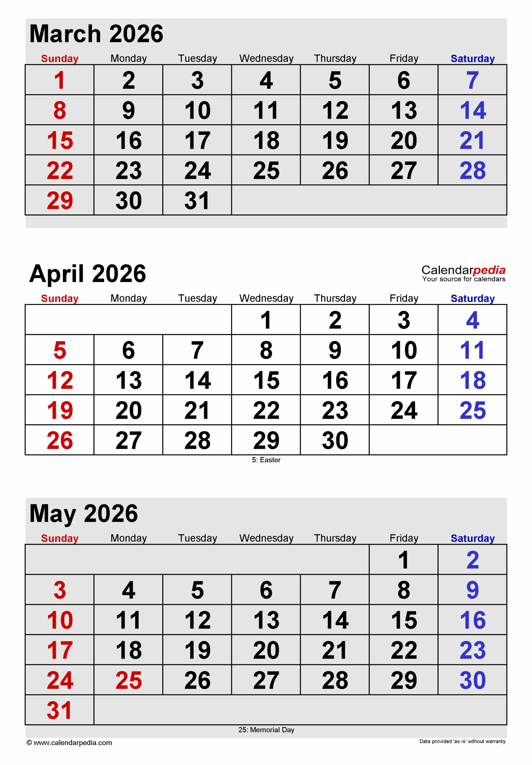 March April May Calendar 2026 Printable