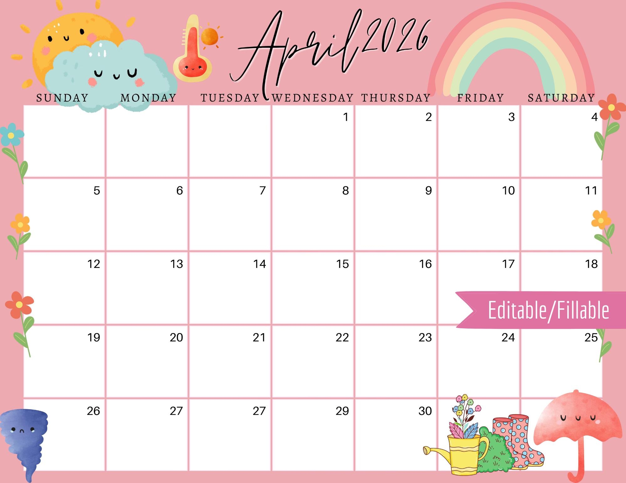 April 2026 Digital Calendar Light Pink Easter Sunday Editable Fillable Printable Calendar For Planning PDF PNG And JPG Download Etsy UK