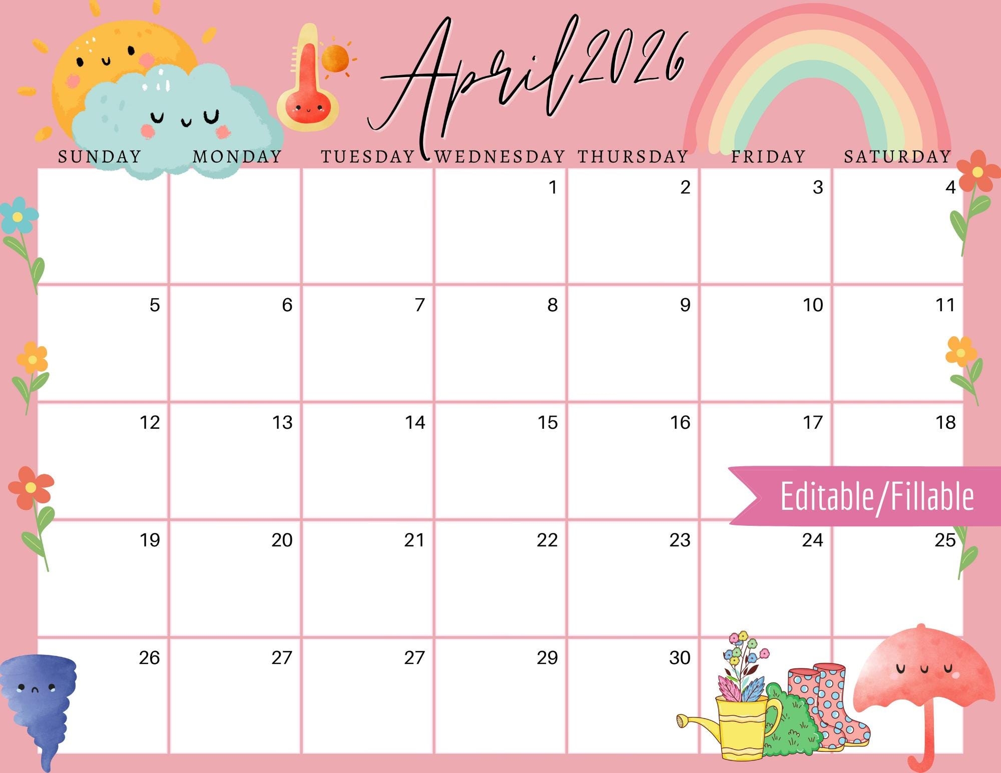 May Calendar 2026 Pink