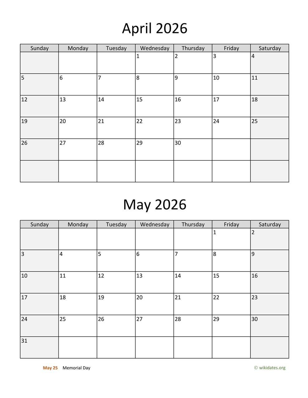 Calendar February March April May 2026