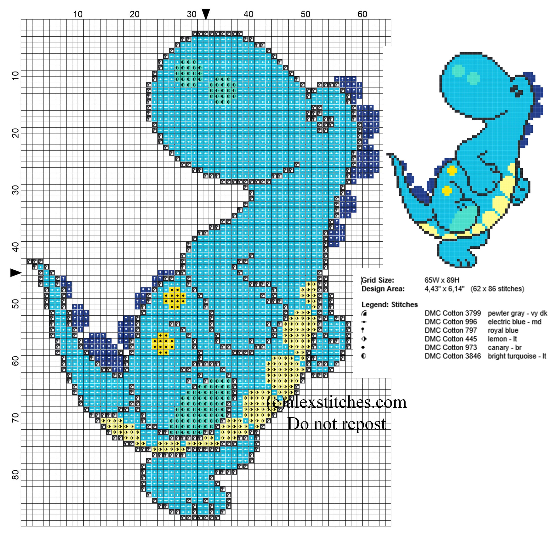 Baby Light Blue Dinosaur Free Small Cross Stitch Pattern Free 