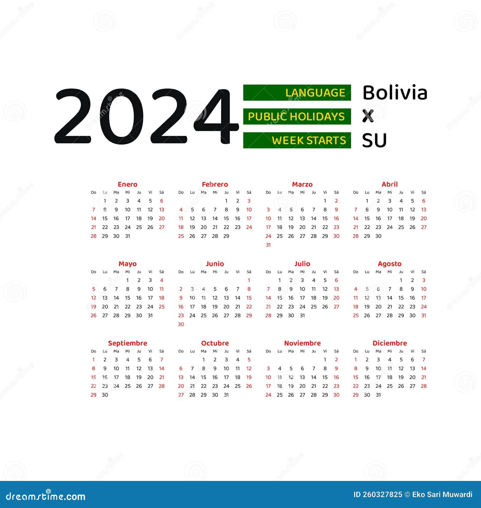 Bolivia Calendar 2024 Week Starts From Sunday Vector Graphic Design Stock Vector Illustration Of November Spanish 260327825
