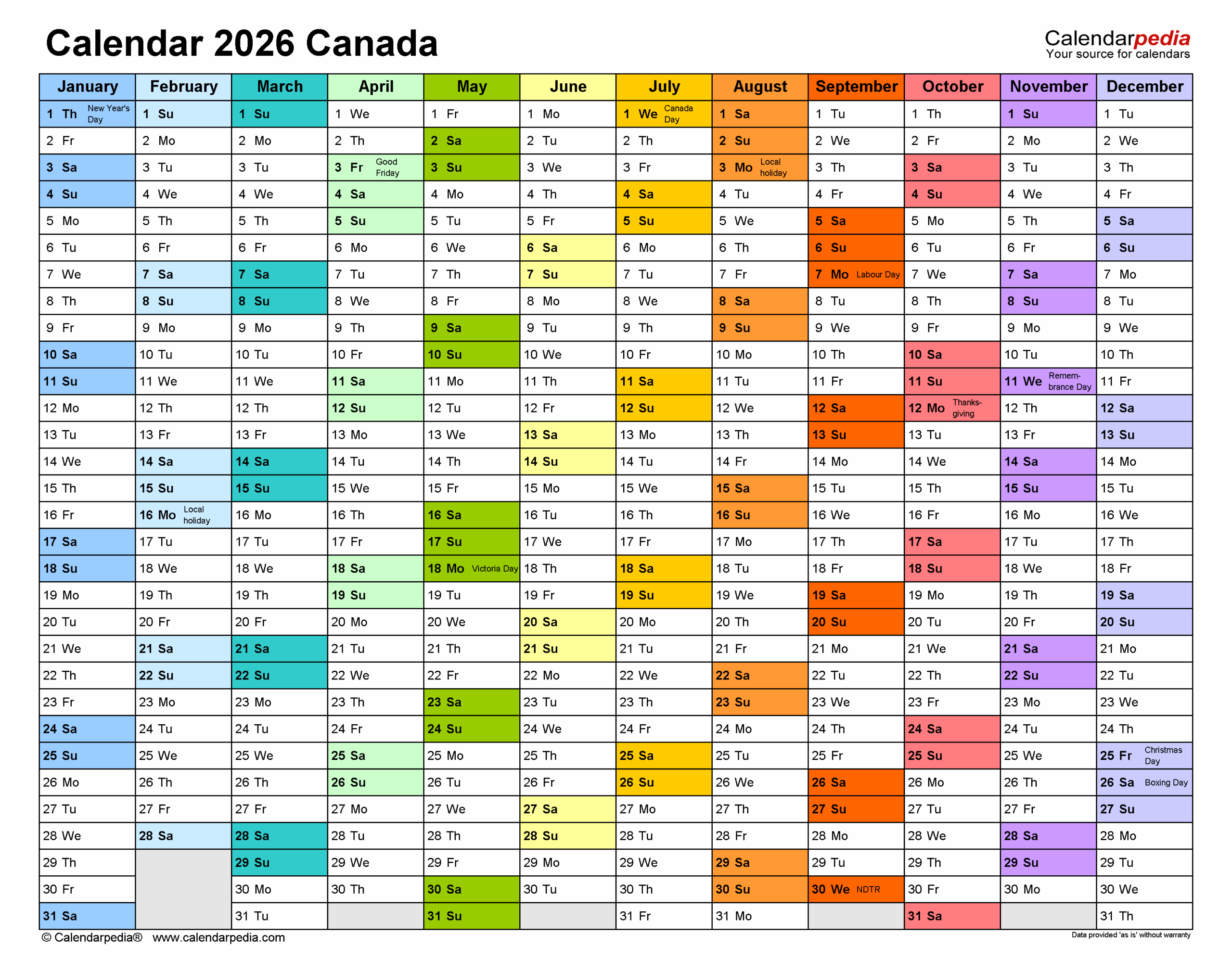 Canada Calendar 2026 Free Printable Word Templates