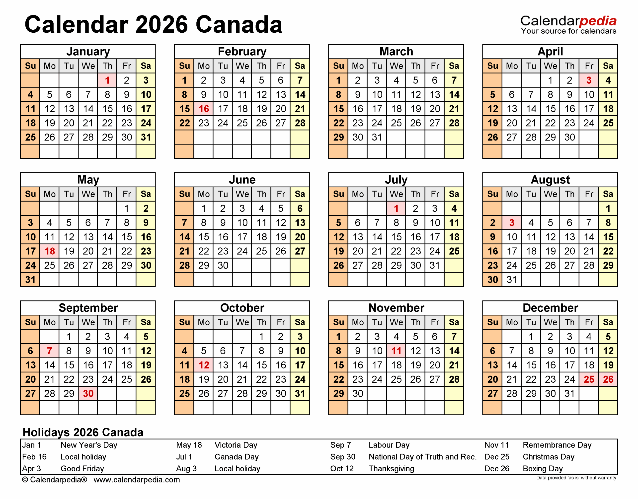 Canada Calendar 2026 Free Printable Word Templates