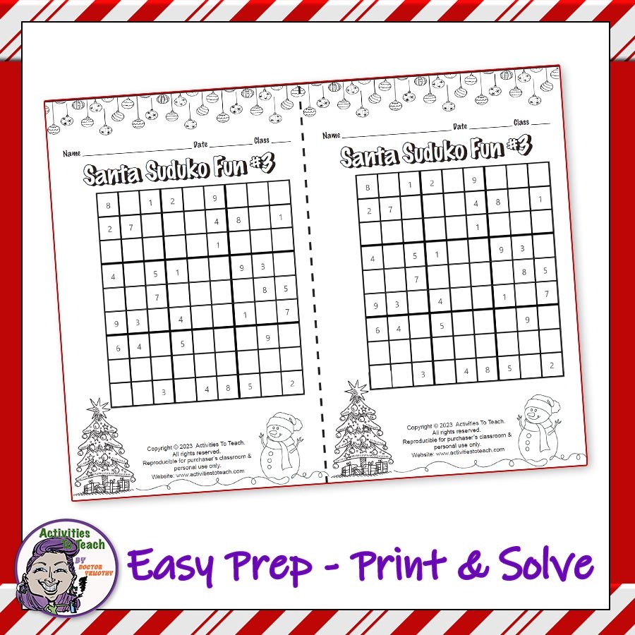 Christmas Holiday Sudoku Math Puzzle Packet Activities To Teach