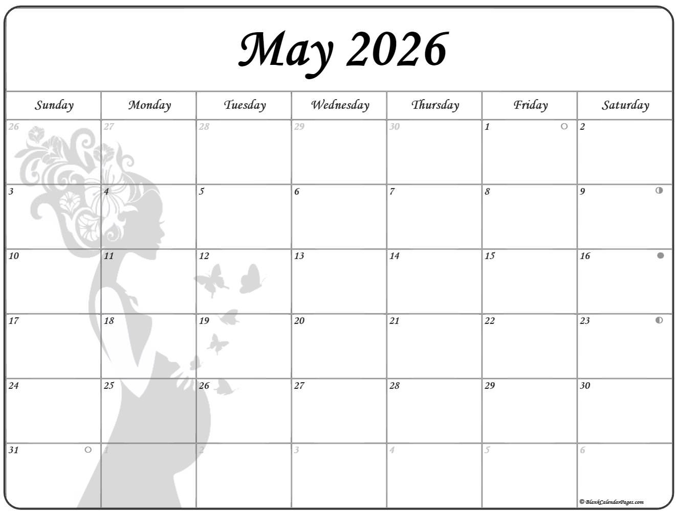 May 2026 Calendar With Moon Phases