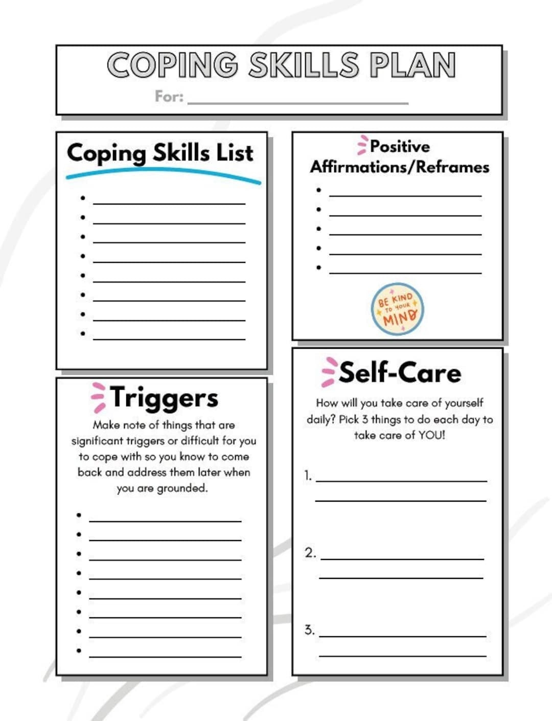 Coping Skills Worksheet Instant Download Etsy