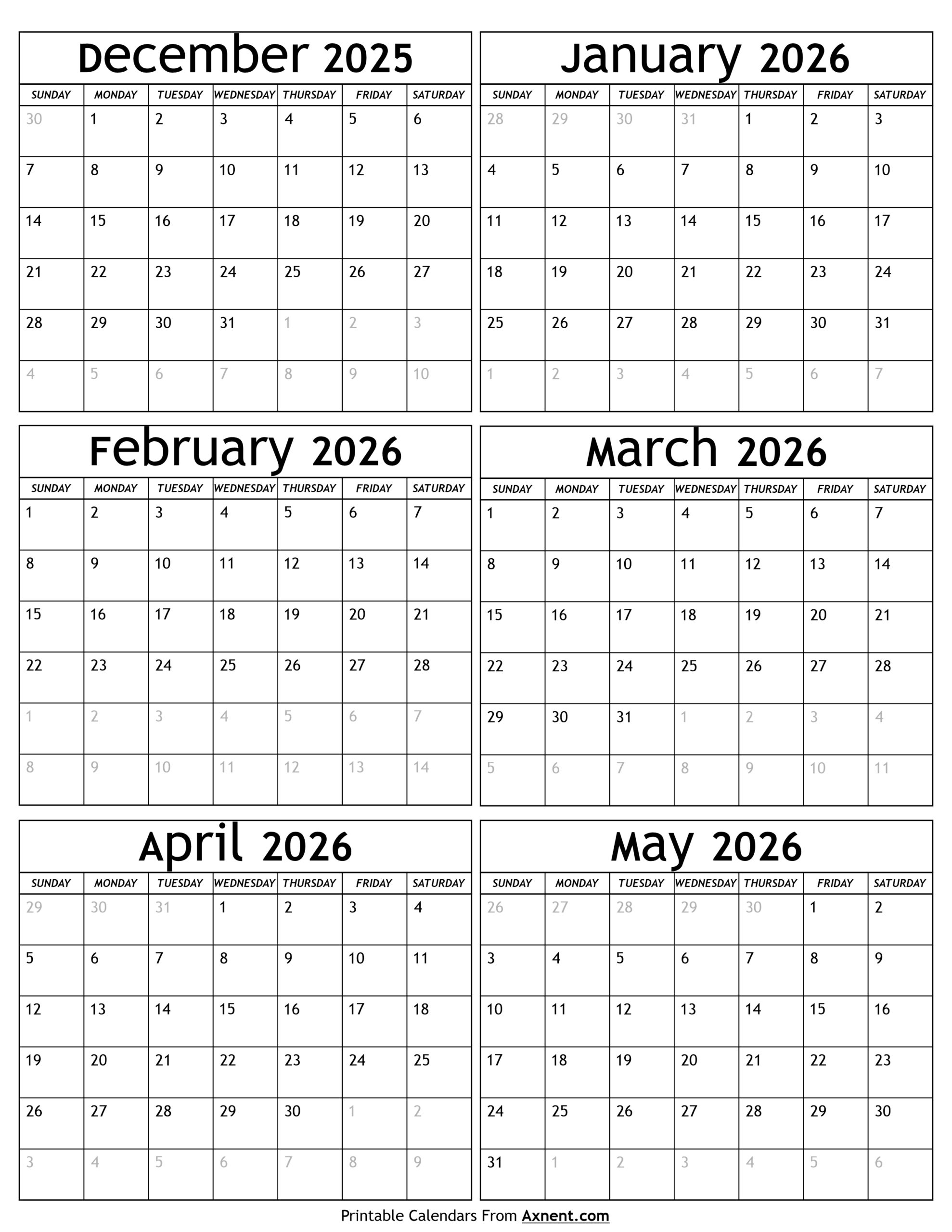 December 2025 To May 2026 Calendar Template Six Months