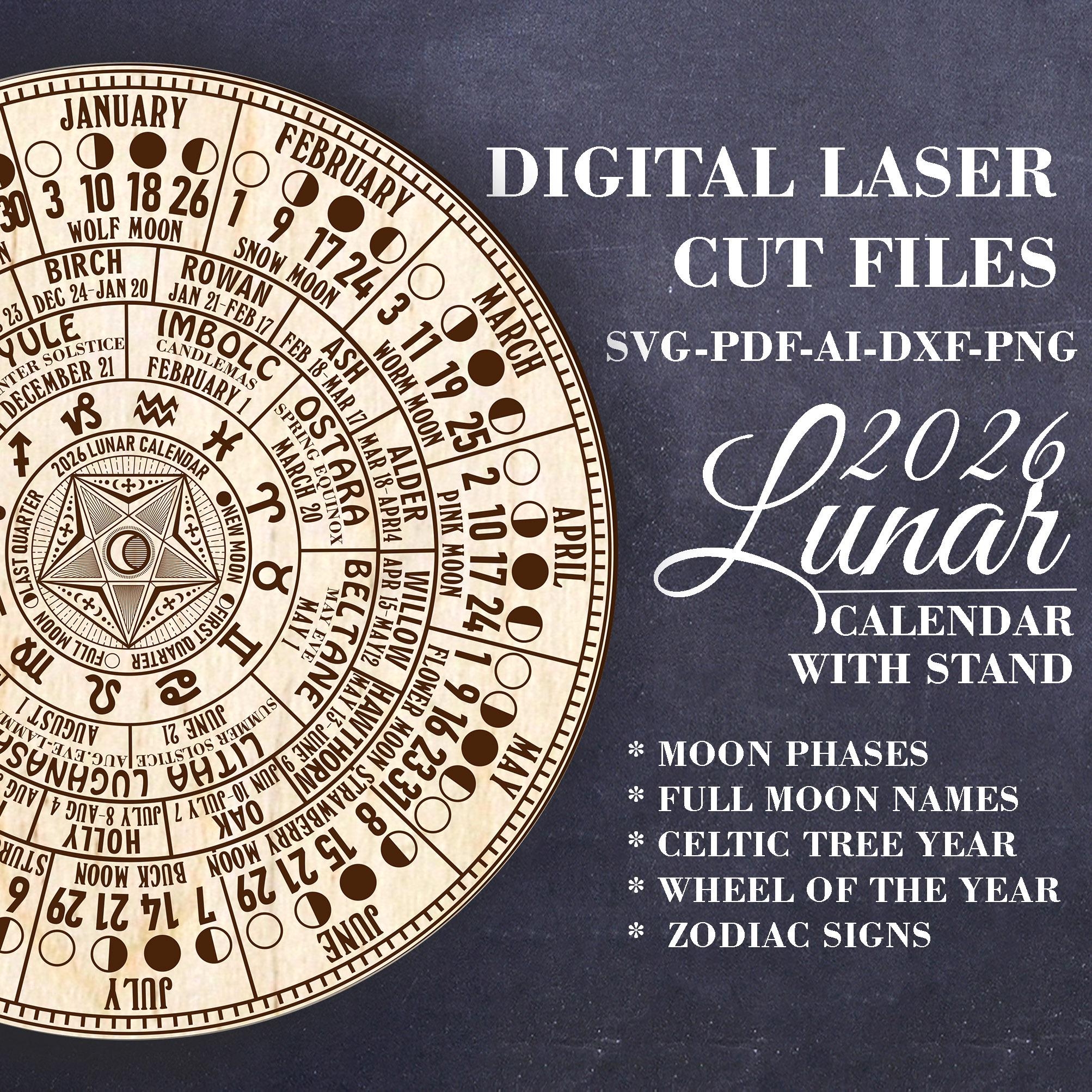 Digital 2026 Lunar Calendar With Stand SVG Moon Phases Calendar SVG Wheel Of The Year SVG Celtic Tree Calendar Witch Decor Laser Cut File Etsy Canada