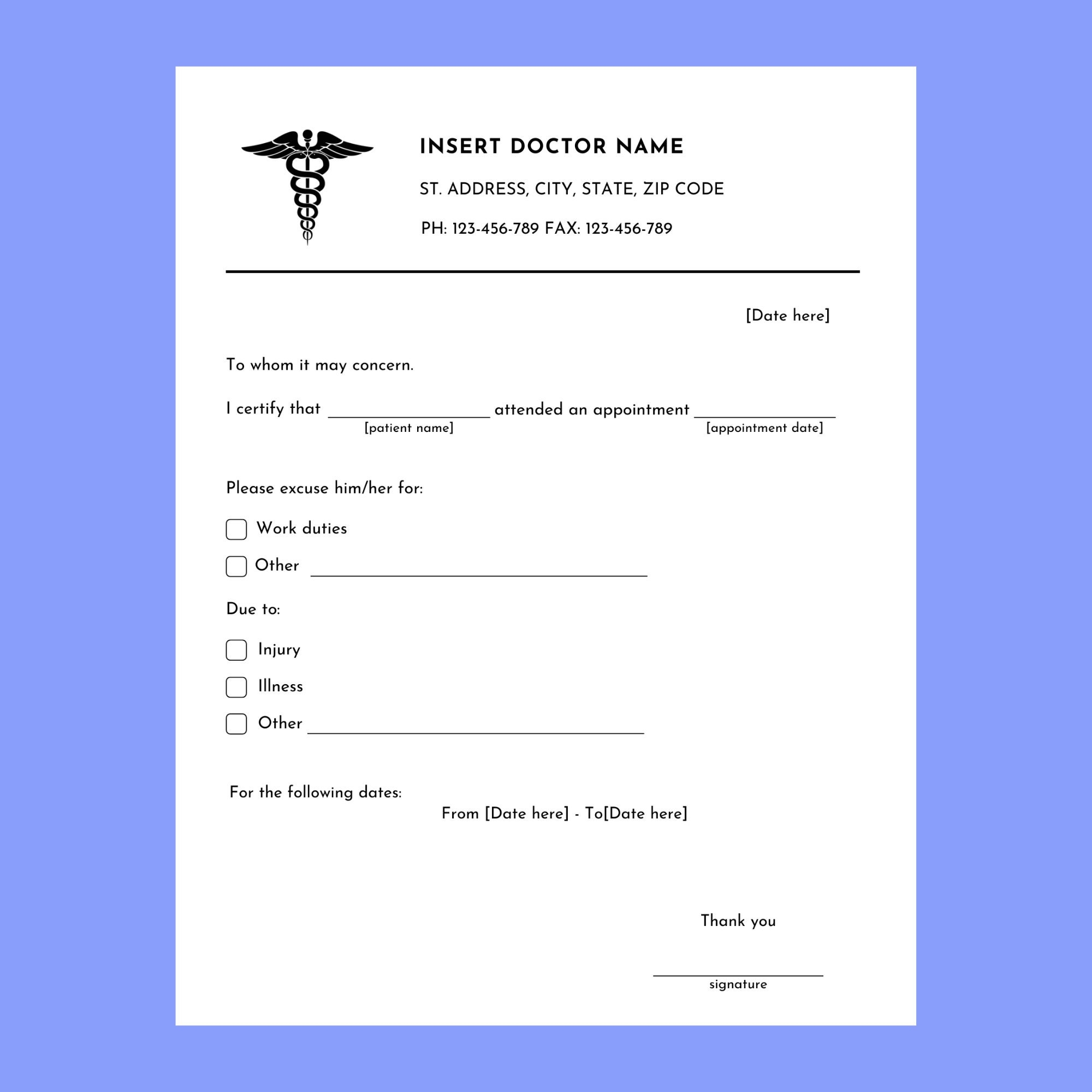 Editable Doctor Excuse Note For Work Printable Doctors Note Template Doctor Excuse Letter Form School Excuse Note Drs Note PDF U0026 Word Etsy