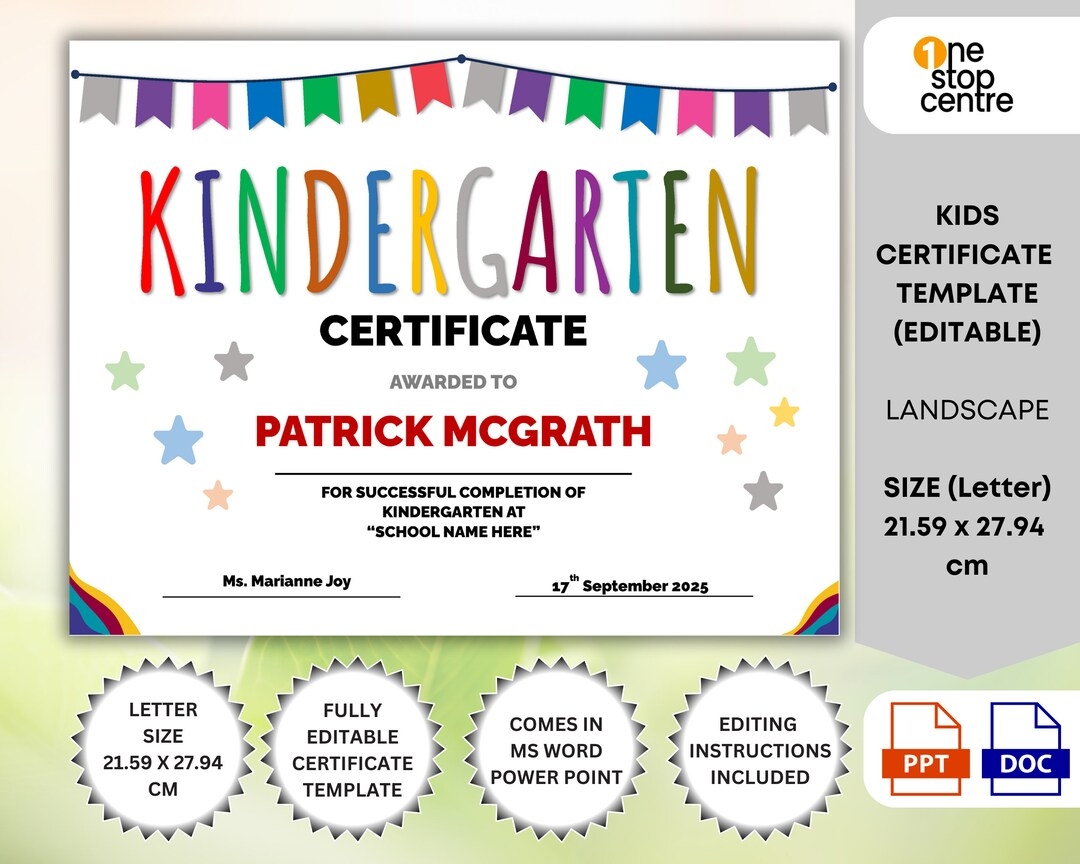 Editable Free Printable Kindergarten Certificate Templates