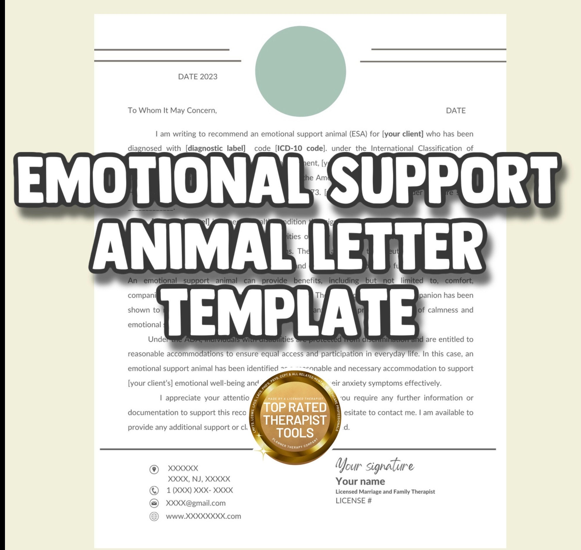 Emotional Support Animal Letter Template Professional Letterhead Therapist Signature Private Practice Custom Template Psychotherapy PDF Etsy