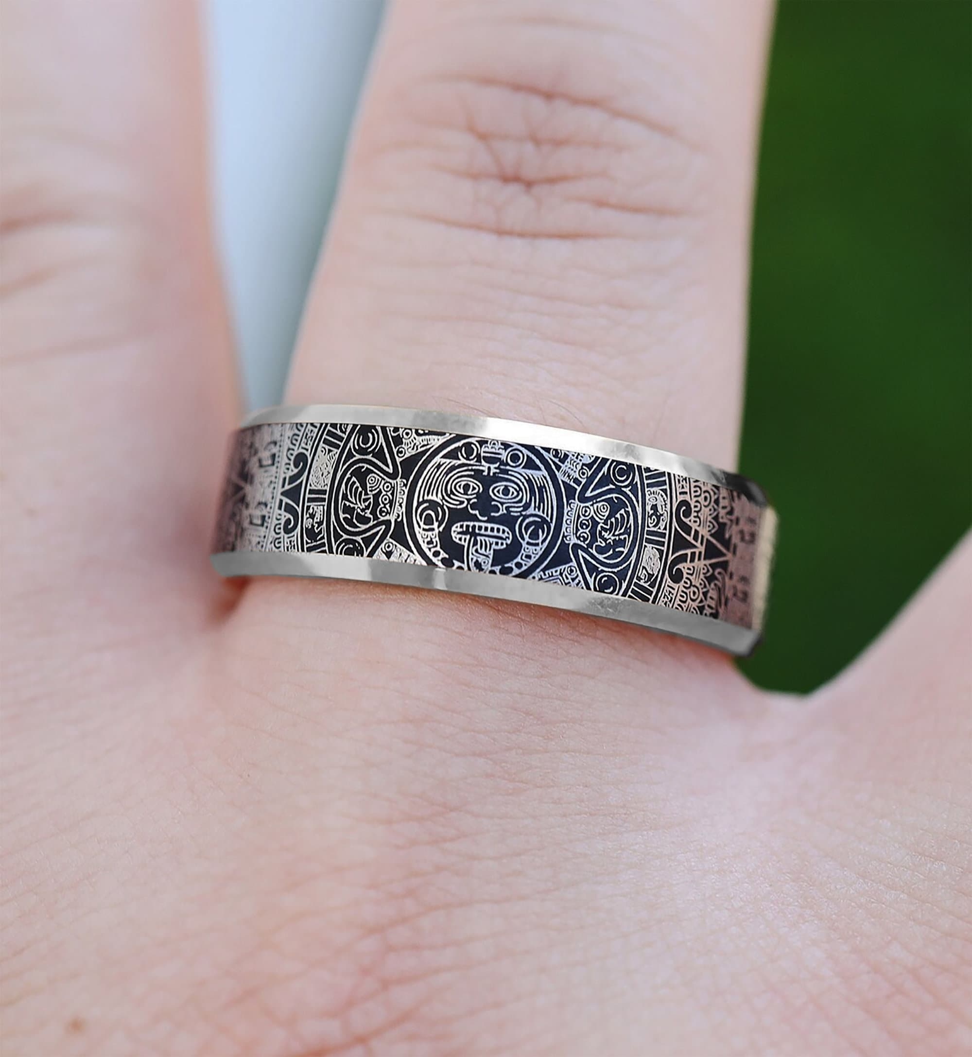 Engraved Aztec Calendar Ring Mayan Art Promise Ring Ancient Hispanic Culture Pattern Wedding Band Mexican Heritage Engagement Ring 8mm Etsy