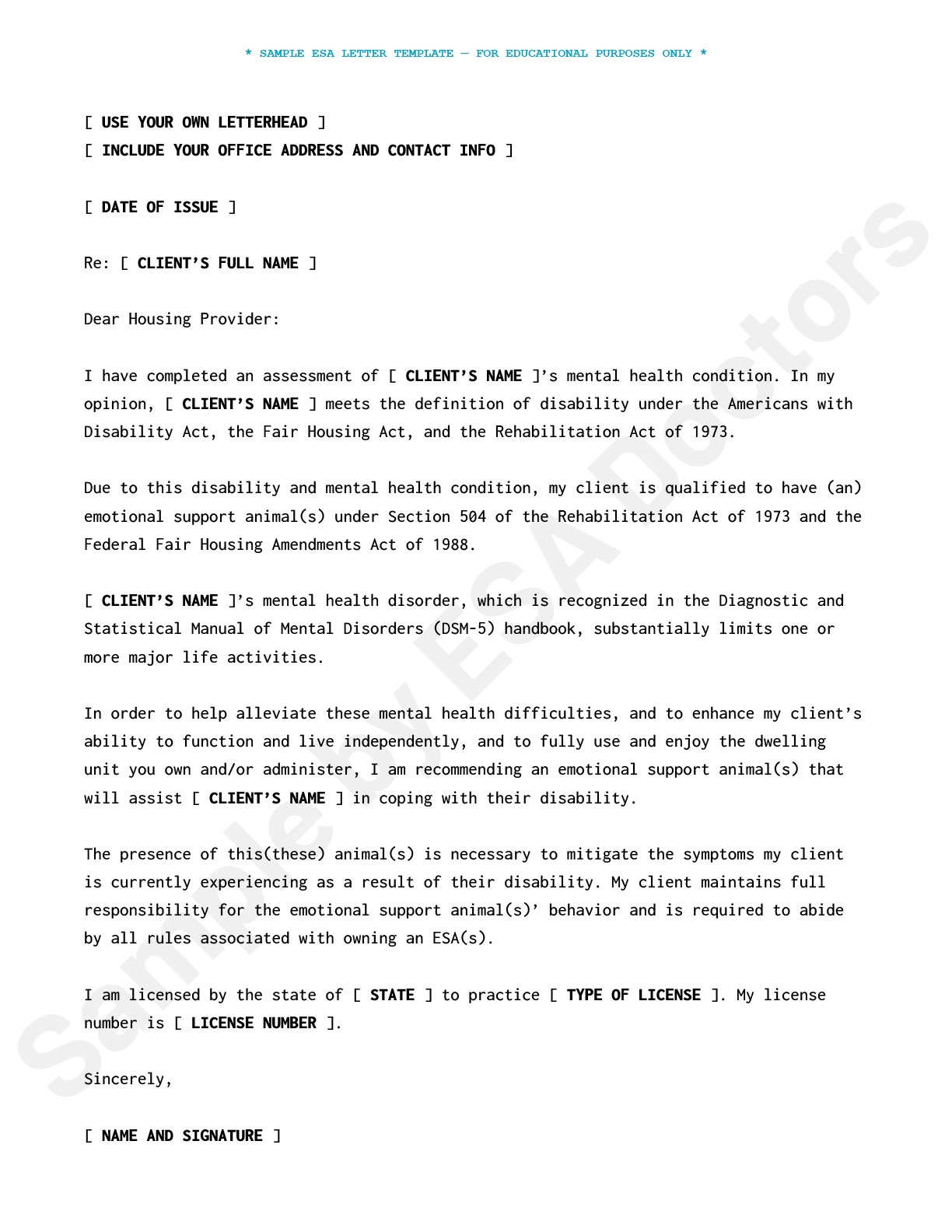 Free Printable Esa Letter Template