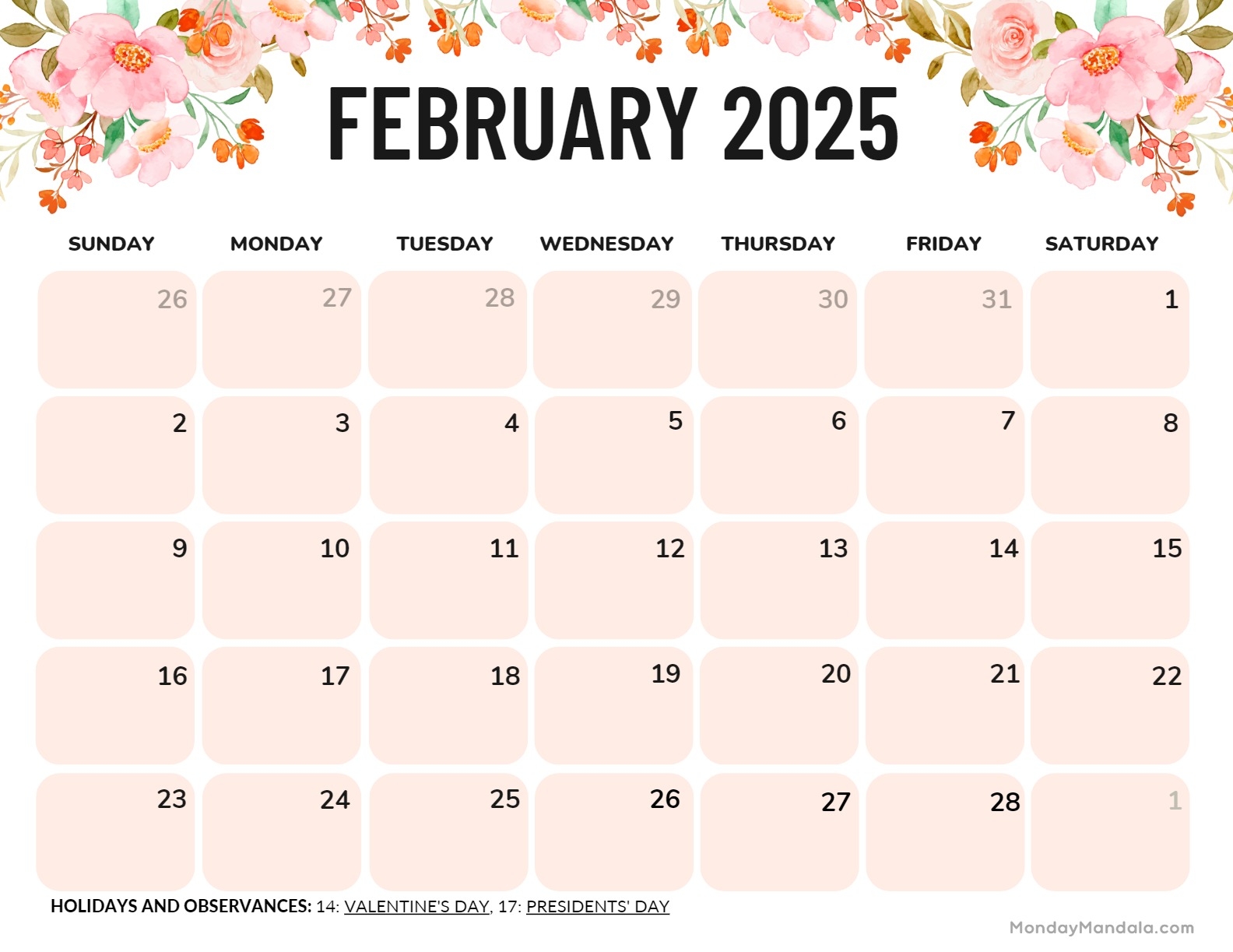 February Free Printable Calendar 2025
