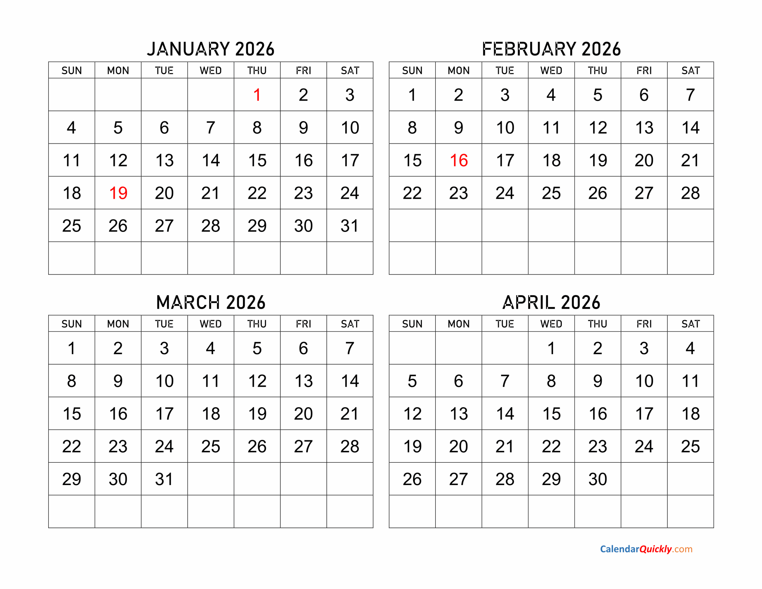 February March April May 2026 Calendar
