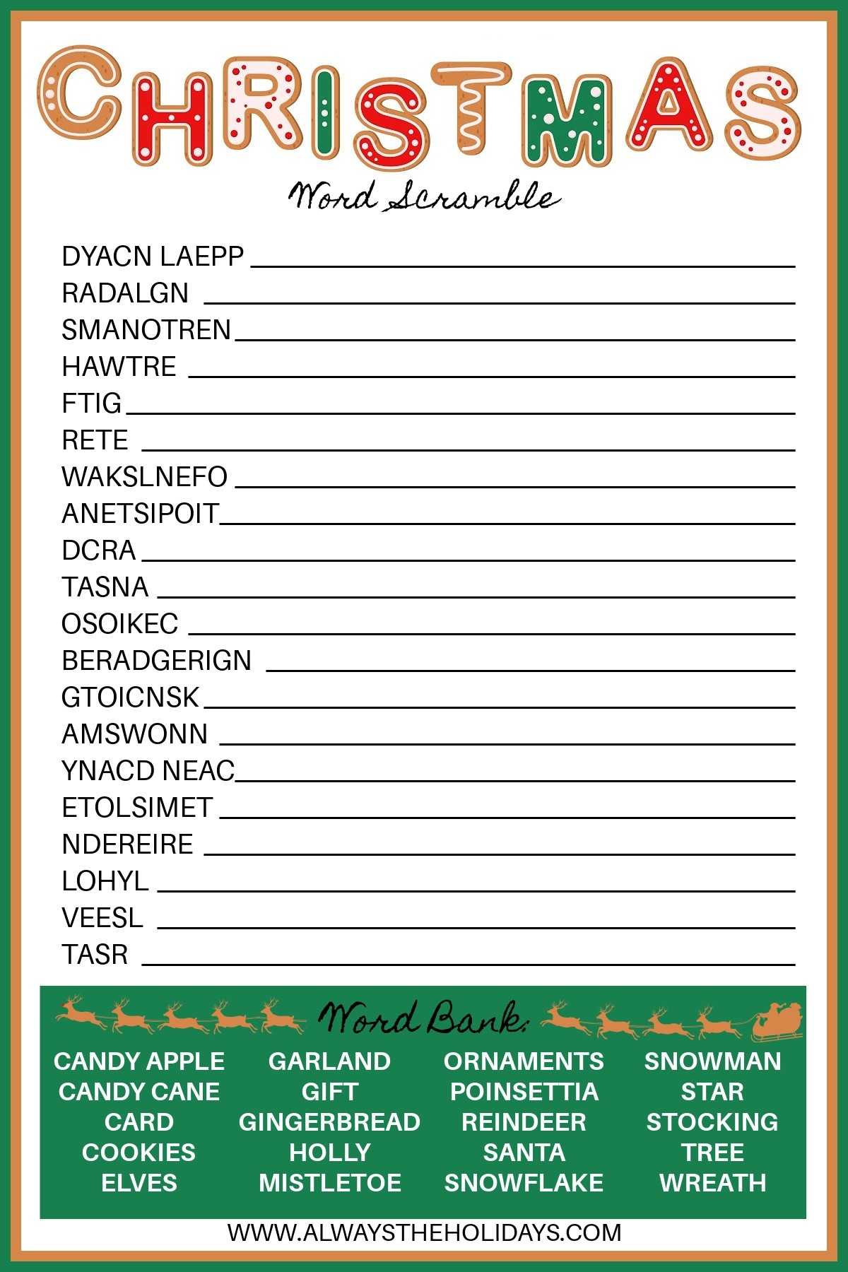 Free Christmas Word Scramble Printable