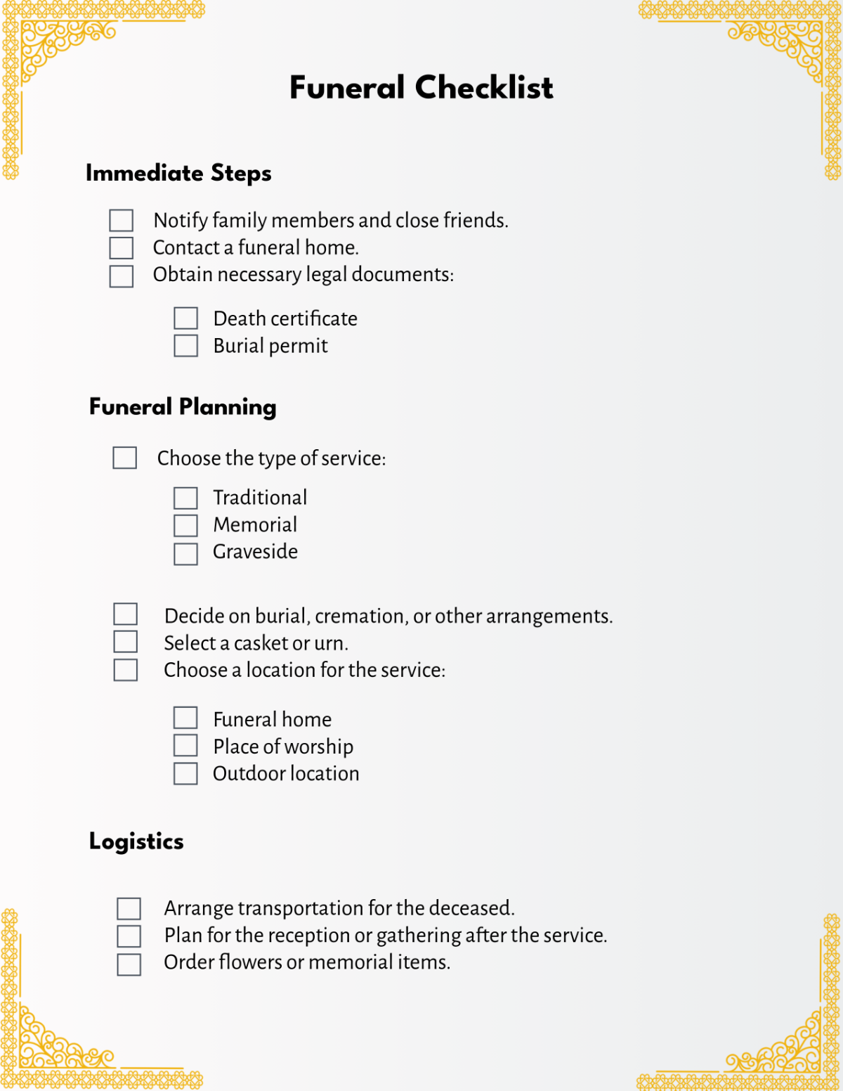 Free Funeral Checklist Template To Edit Online
