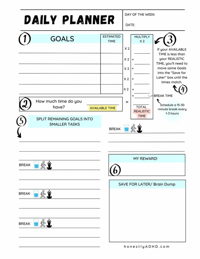 Free Printable ADHD Daily Planner Achieve Realistic Goals 
