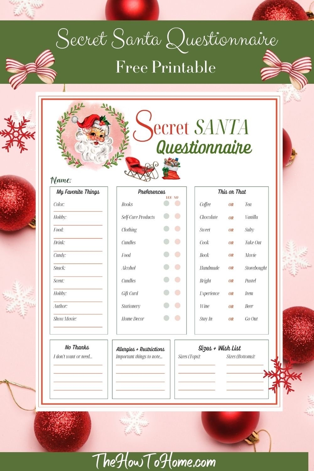 Free Secret Santa Questionnaire Printable Instant Download The 