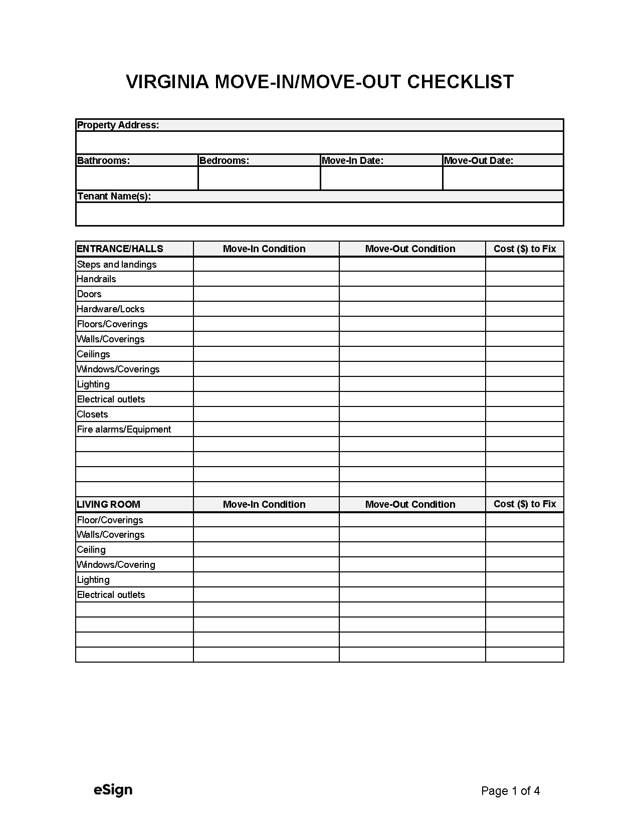 Free Virginia Move in Move out Checklist PDF Word