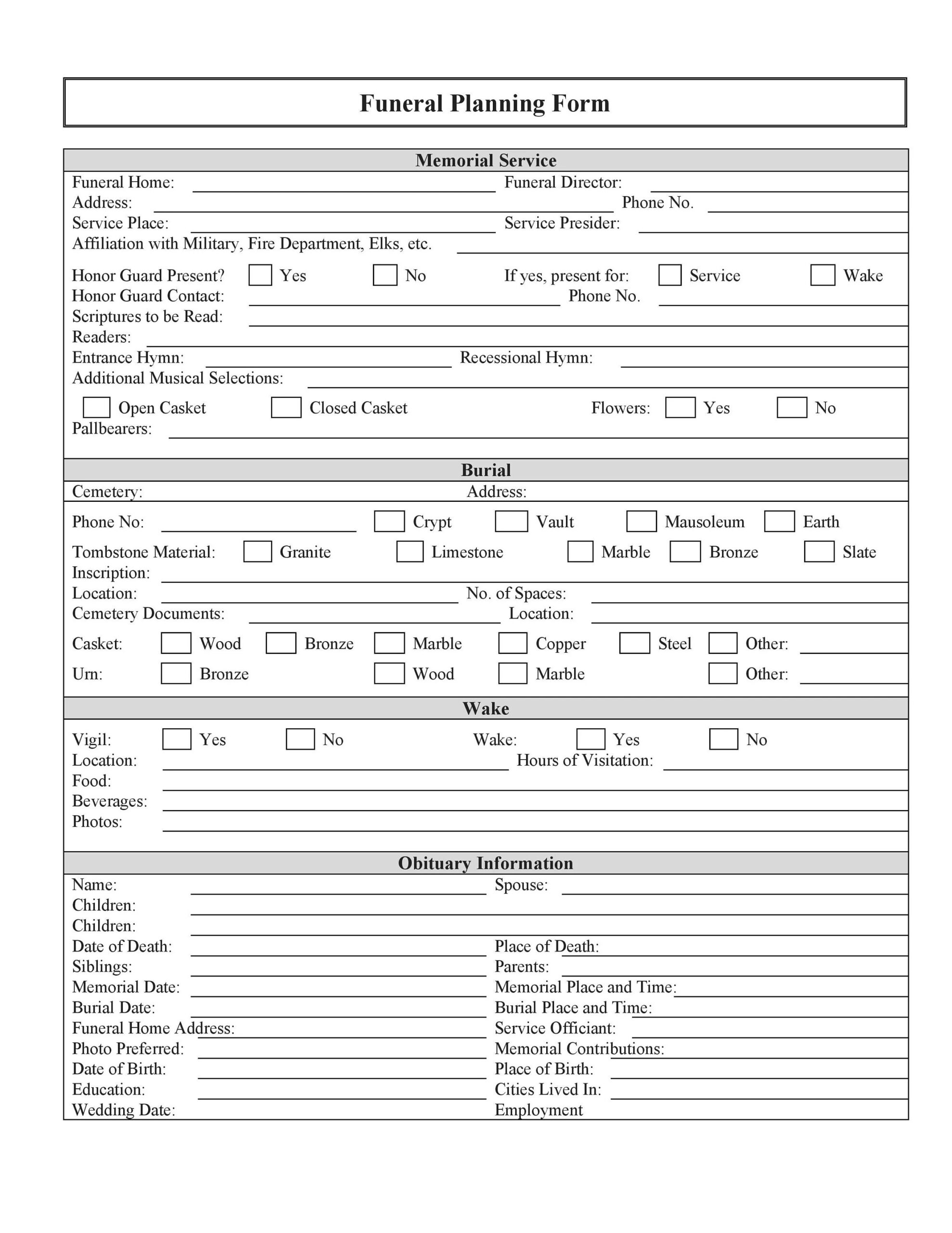 Funeral Planning Checklist Printable Printable Story Prompts