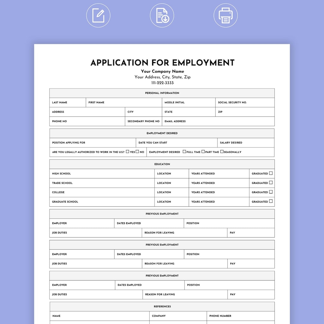 Job Application Template Employment Application Job Application 