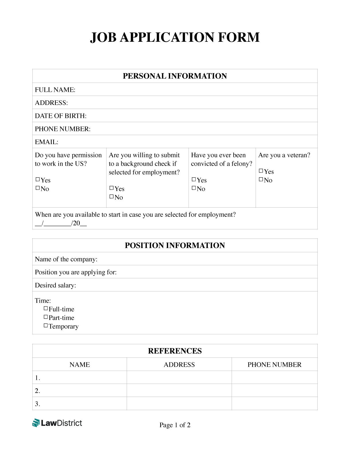 Free Printable Job Application Form Pdf