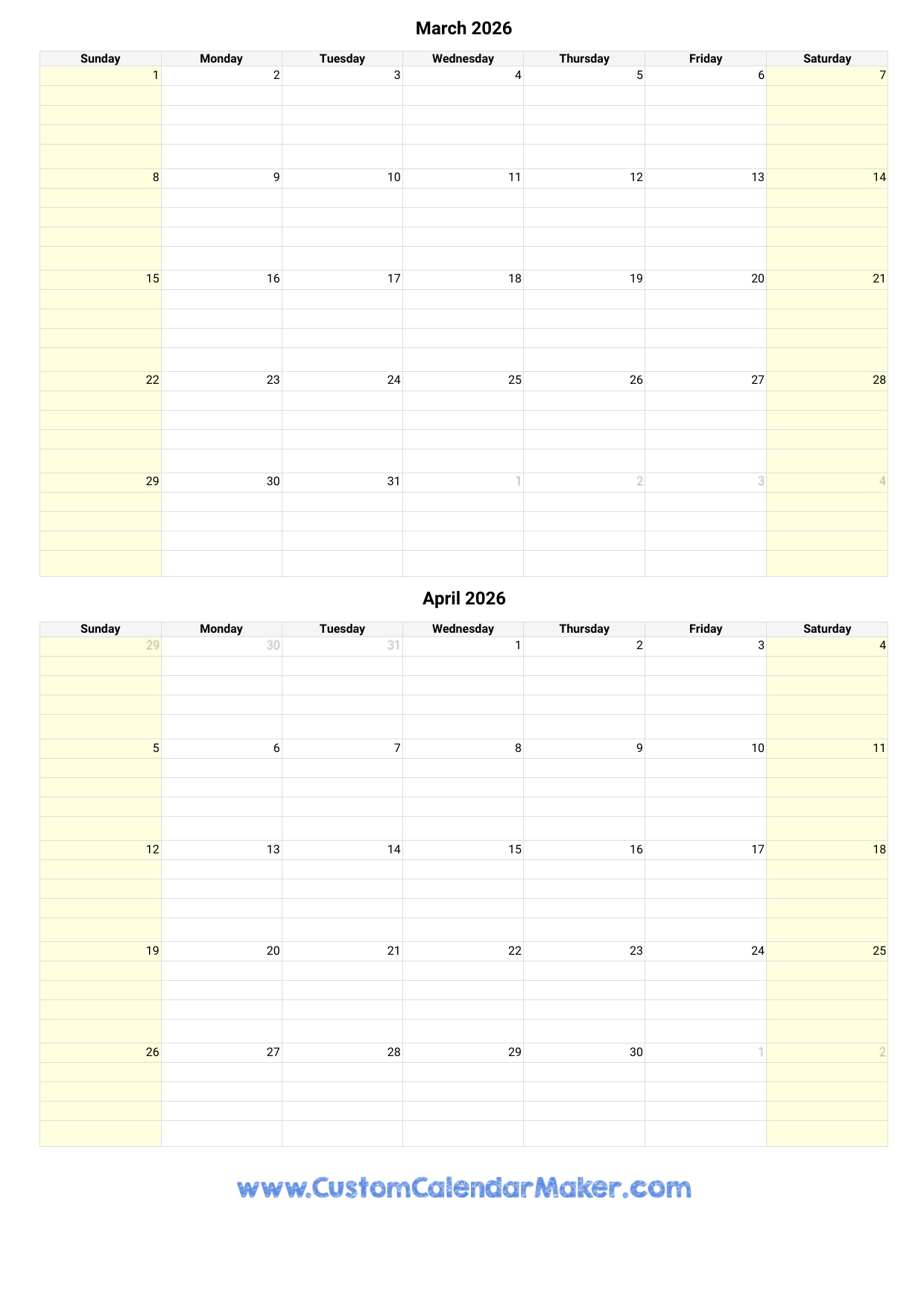 March April And May Calendar 2026