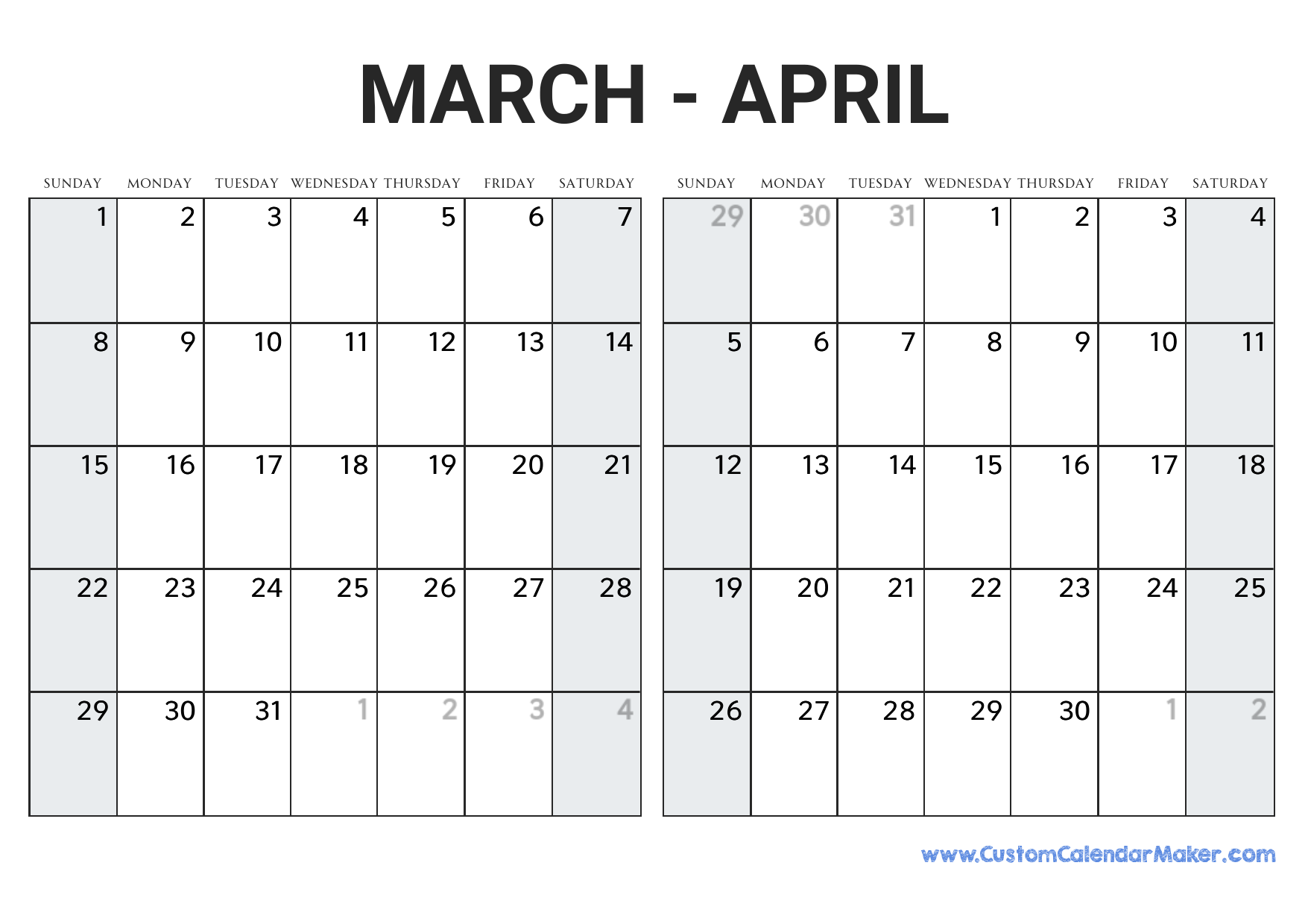 February March April May Calendar 2026