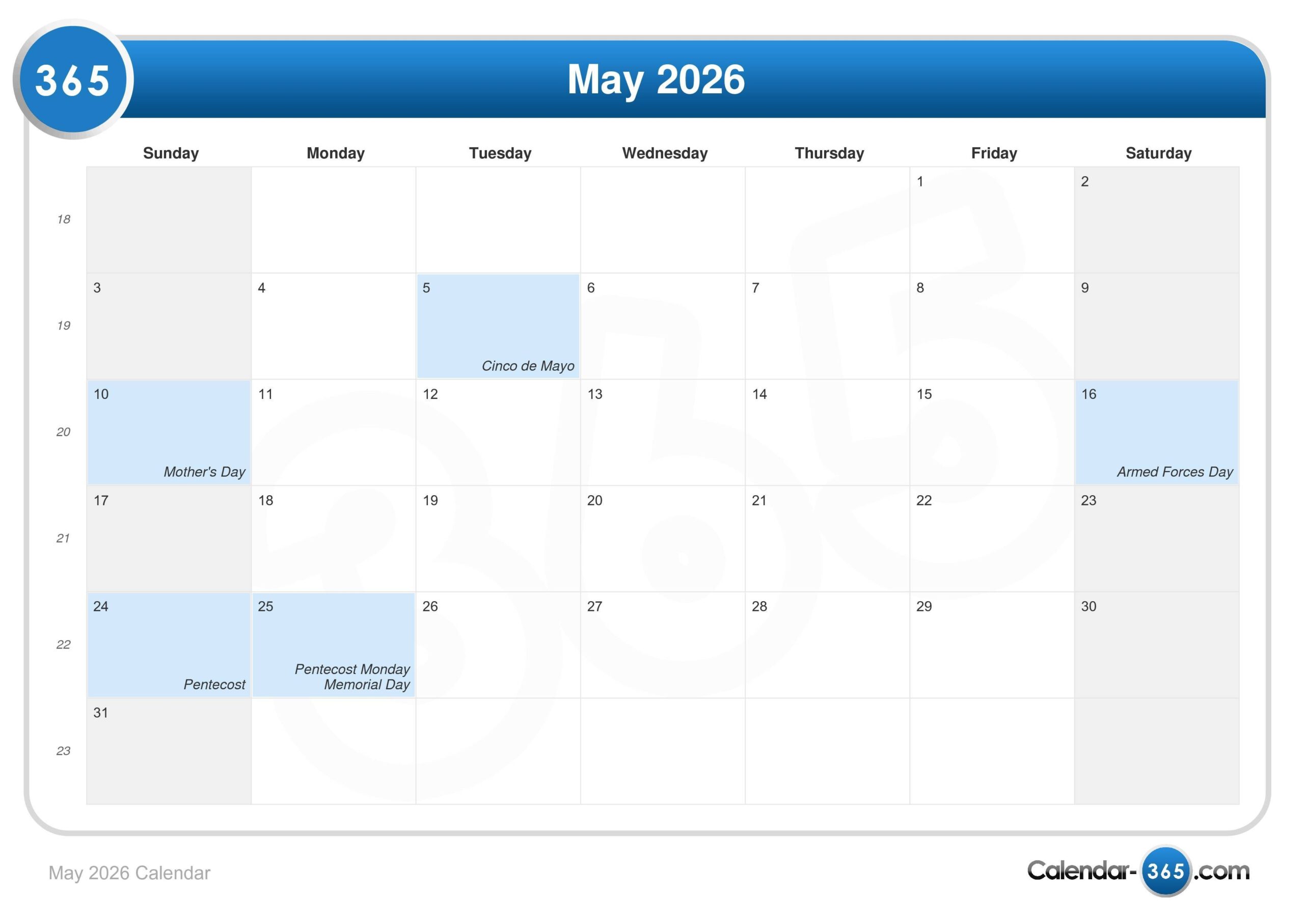 May Calendar 2026 Days