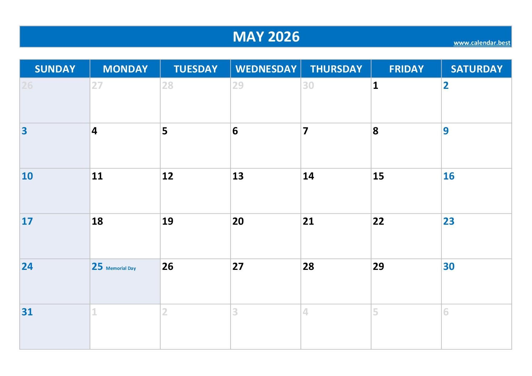 May Calendar 2026 With Events
