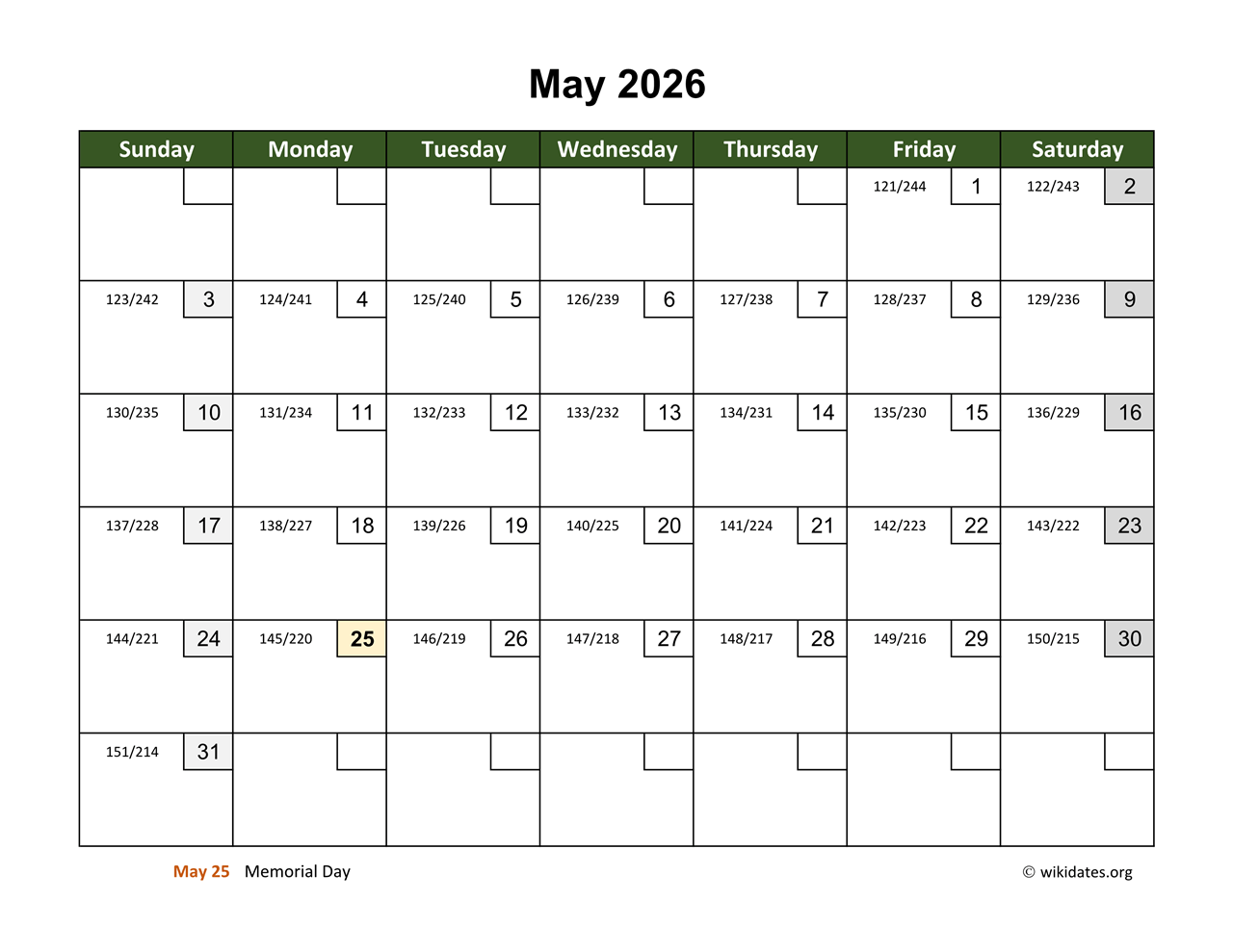 May 2026 Calendar With Day Numbers WikiDates