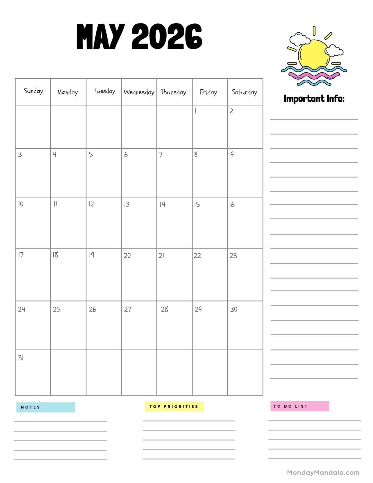 May 2026 Calendar Printable With Notes