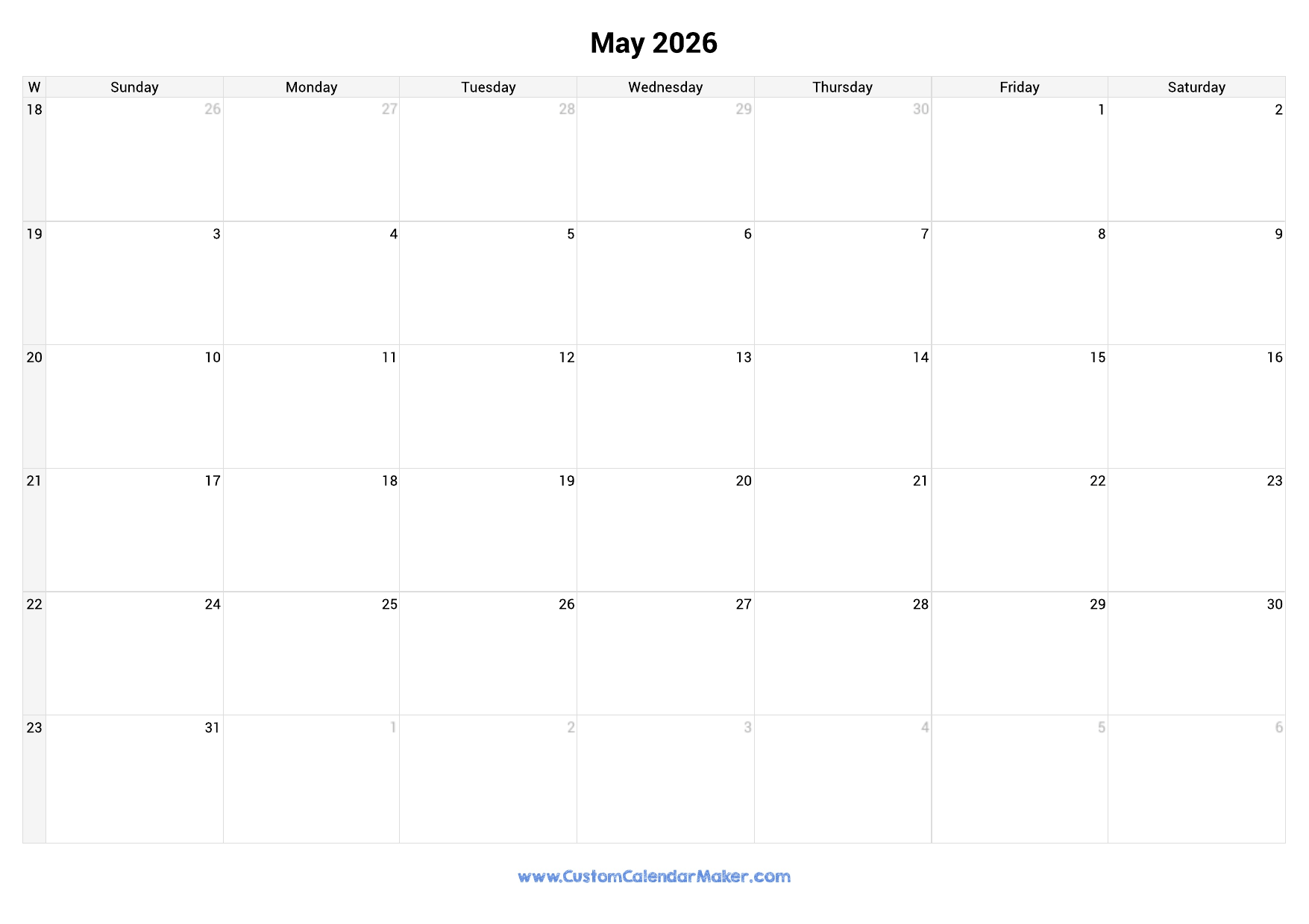 Weekly May 2026 Calendar