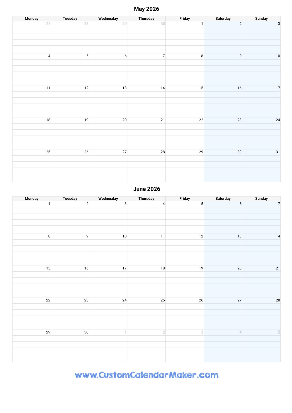 May And June 2026 Calendar Custom Calendar Maker