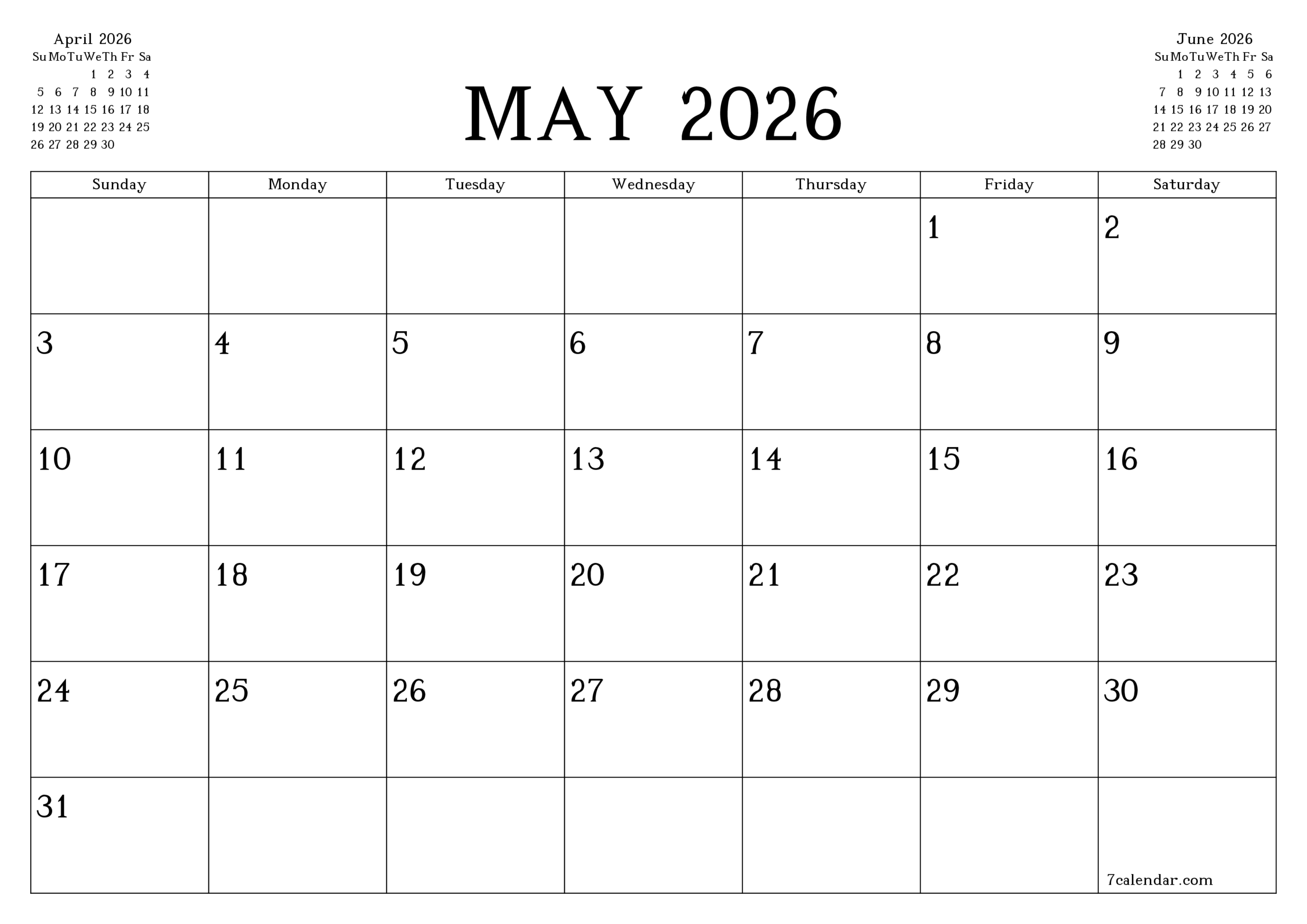 May Calendar 2026 Printable Template 7calendar